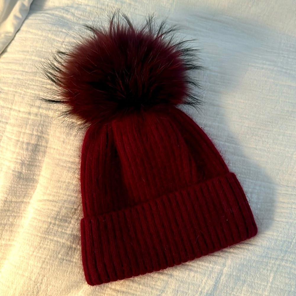 Winter Hat / Burgundy Wool with Fur Pom Pom